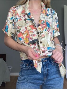 Caribbean Cream Multi Tropical Button-Front Tie Shirt